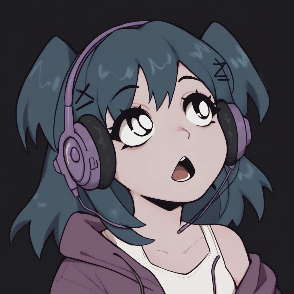 solo, Laceys_game, 1girl, two side up, headphones, open mouth, looking up, looking to the side, purple sweatshirt, white top, score_5_up, score_4_up, on side, <lora:Laceys_game:1.0>, black background