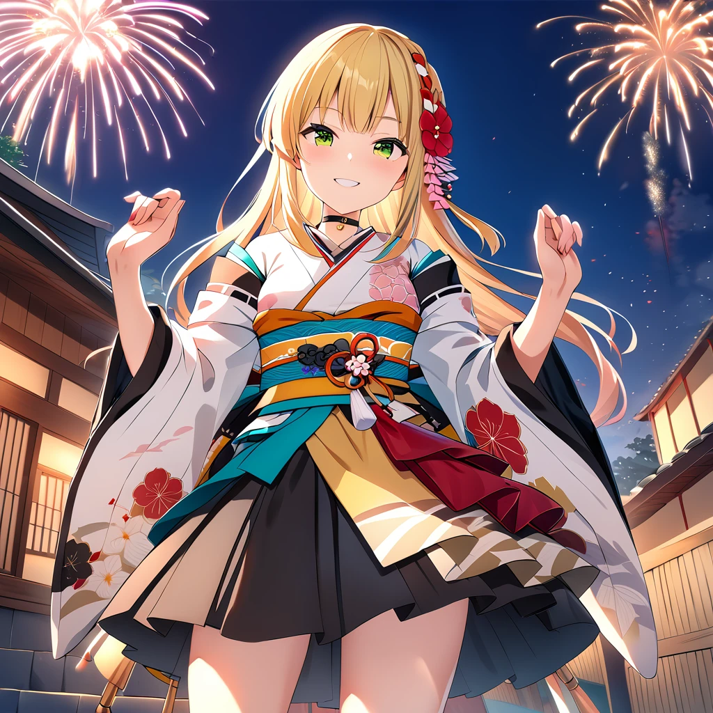 masterpiece,ichinoserei2,1girl,solo,rei2kimono hair ornament,rei2kimono japanese clothes,rei2kimono skirt,rei2kimono choker,rei2kimono sandals,<lora:IchinoseRei:0.8>,outdoor,HDR,smile,firework,