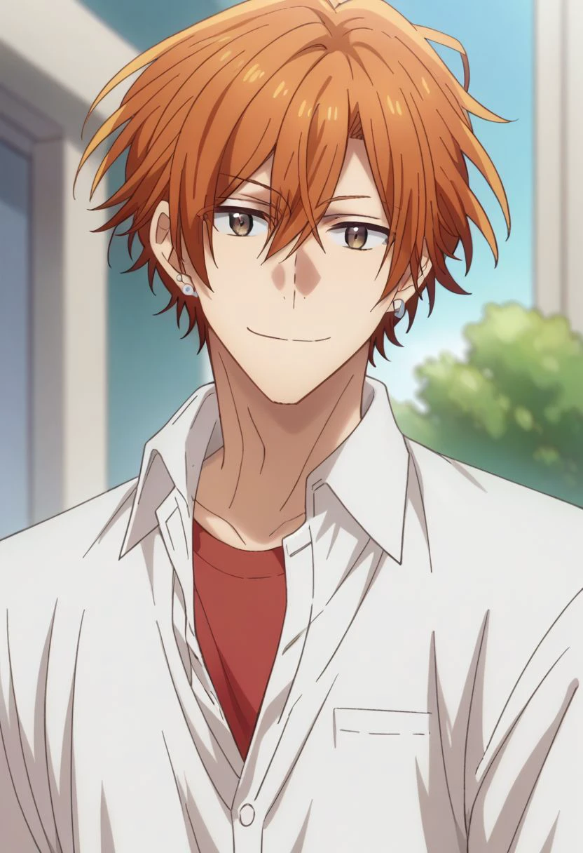 score_9, score_8_up, source_anime, highly detailed, 1boy, 
sasaki, 1boy, male focus, orange hair, solo, jewelry, shirt, earrings, brown eyes,
smile, looking at viewer, white shirt, collared shirt, stud earrings, hair between eyes,
outdoor,