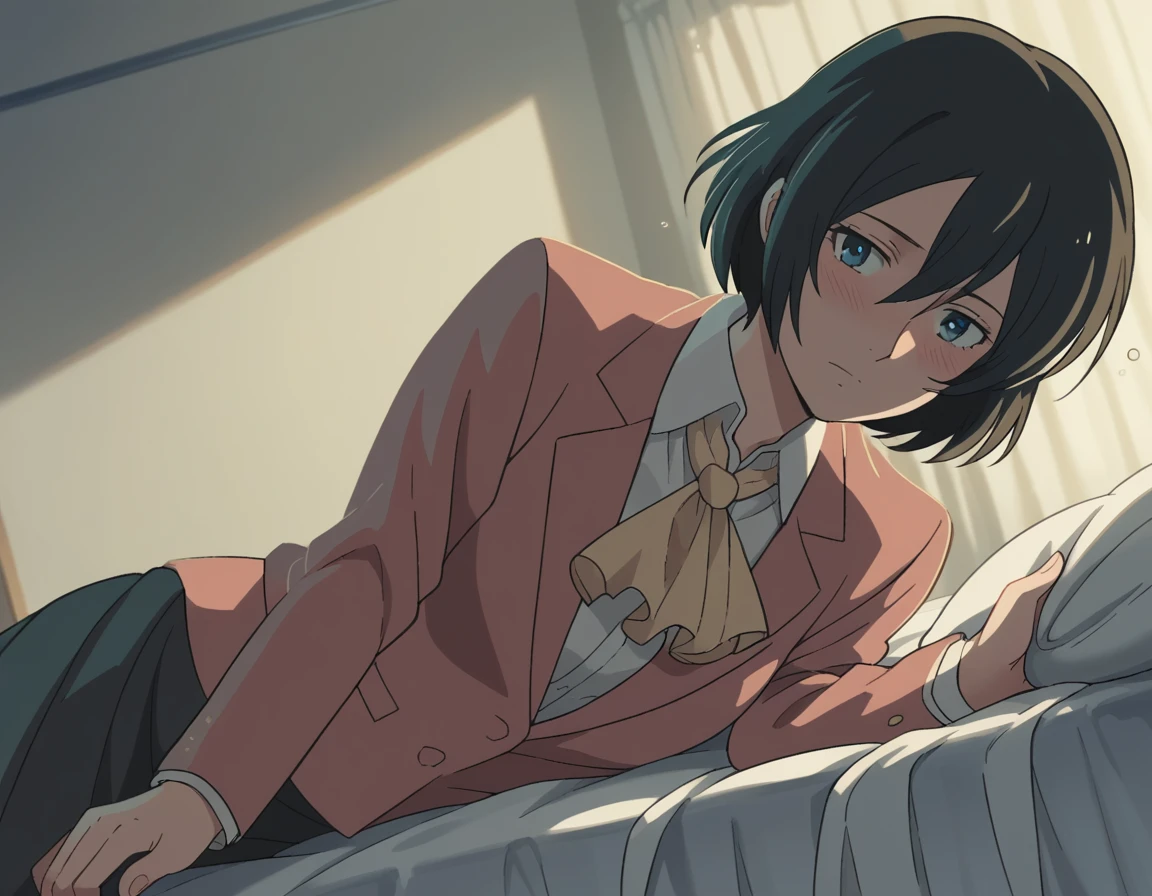 score_9, score_8_up, score_7_up, source_anime,
yukariyukino, <lora:yukari-yukino-movie-ponyxl-lora-nochekaiser:1>,
yukari yukino, short hair, black hair, blue eyes, hair between eyes,
shirt, collared shirt, white shirt, ascot, blazer, peach blazer, skirt,
indoors, bed, bed room, on side, blush, drunk,
cowboy shot, looking at viewer, solo, dutch angle,