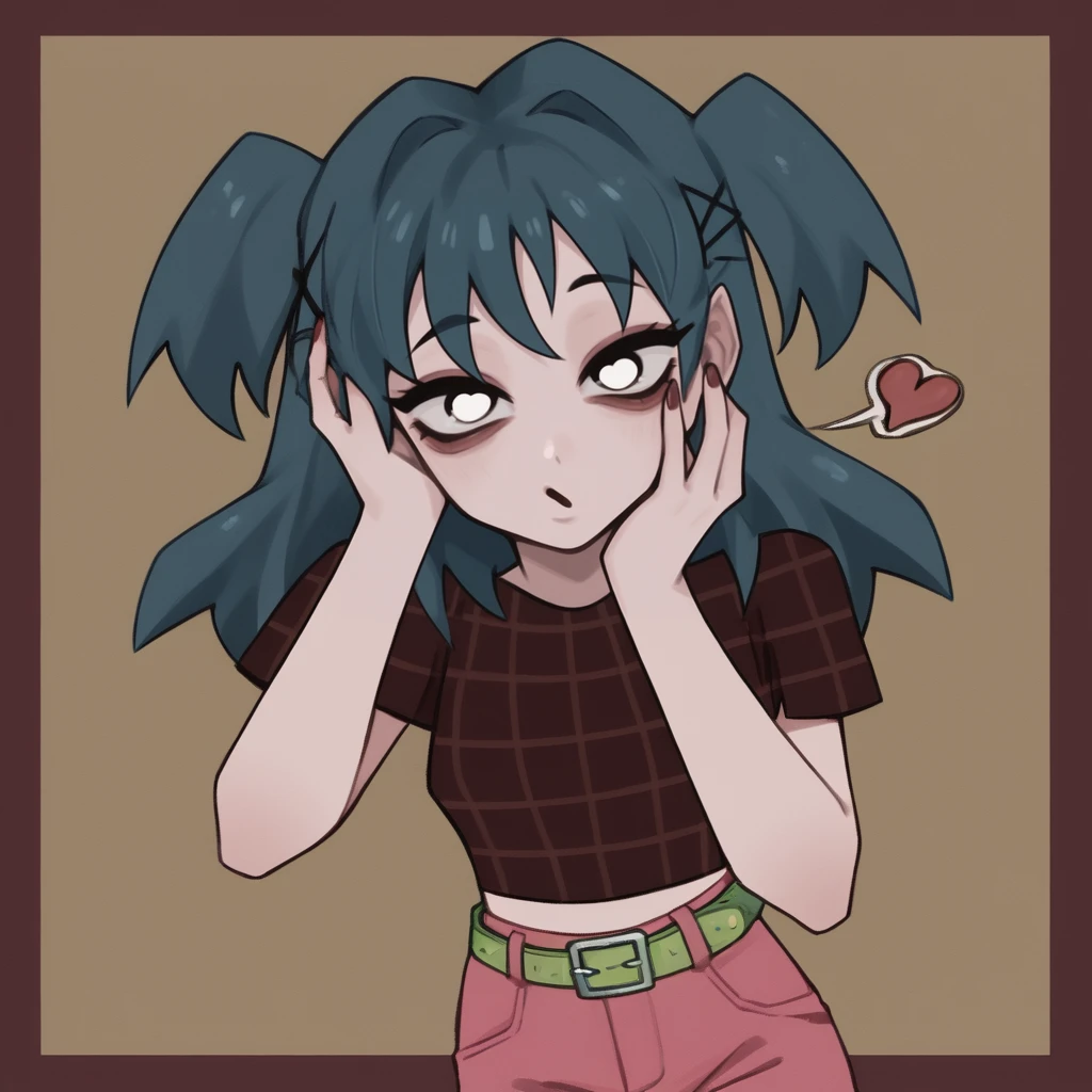 solo, Laceys_game, 1girl, two side up, pink pants, green belt, burgundy checkered crop top, score_5_up, score_4_up, score_6_up, on side, blowing kiss, hand on own face, <lora:Laceys_game:1.0>