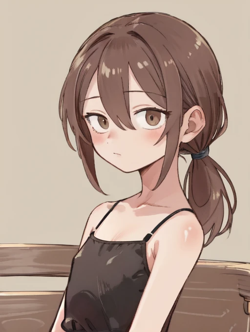 (masterpiece, high quality:1.4), BREAK,
1girl, , solo, (medium hair:1.2), (low ponytail:1.25), brown hair, hair between eyes, narrow waist, brown eyes, flat chest, <lora:low_ponytail-1.0:1>, black camisole, sleeveless,
upper body,
BREAK,