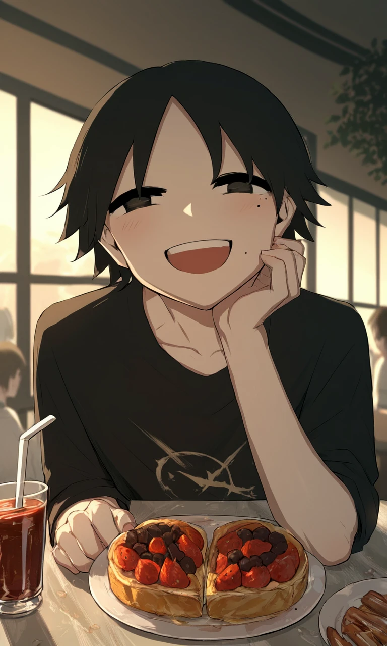 score_9, score_8_up, score_7_up, score_6_up, score_5_up, score_4_up, avogado6 style , cup, mole, smile, open mouth, black eyes, looking at viewer, 1boy, holding, :d, black hair, food, symbolism, male focus, shirt, black shirt