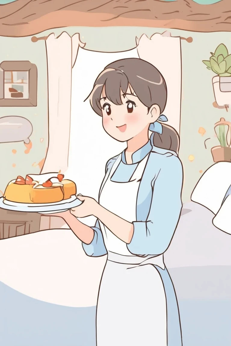 flvcil01 style <lora:style_01_pastel_charm_l1-x_flvcil01_style:1>, woman  standing, 
chef, hyperdetailed,
Quaint bed and breakfast and sunrise, 
high quality, masterpiece, highres,