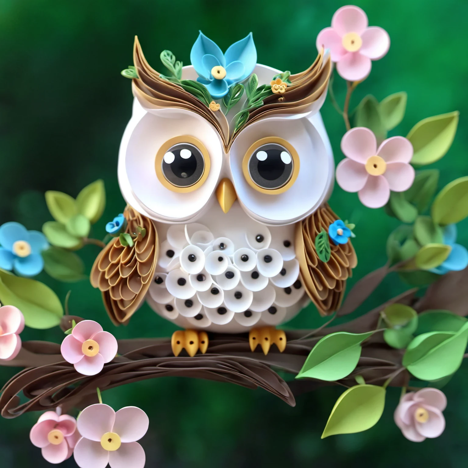 paperart, simple background, white background, flower, bird, leaf,owl,<lora:paperart:1>, cute, tiny, little chibi, kawai, furry, great face expression, dynamic pose, trending on artstation, cinematic, hyper realism, high detail, 8k, 8mm, octane render, bokeh, artstation, detailed, character design by mark ryden and pixar