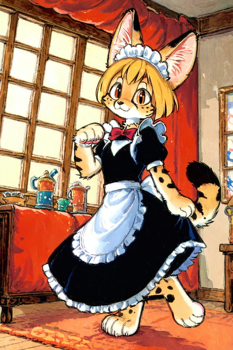 (anthro serval cat girl:1.2),blonde hair,maid outfit,paws
illustration,tezuka osamu, clogs, looking at viewer,indoors
<lora:Perfect Hands:1> <lora:age_slider_v4:-3> <lora:osamu:1>, score_9, score_8_up, score_7_up, score_6_up, score_5_up, score_4_up,zPDXL