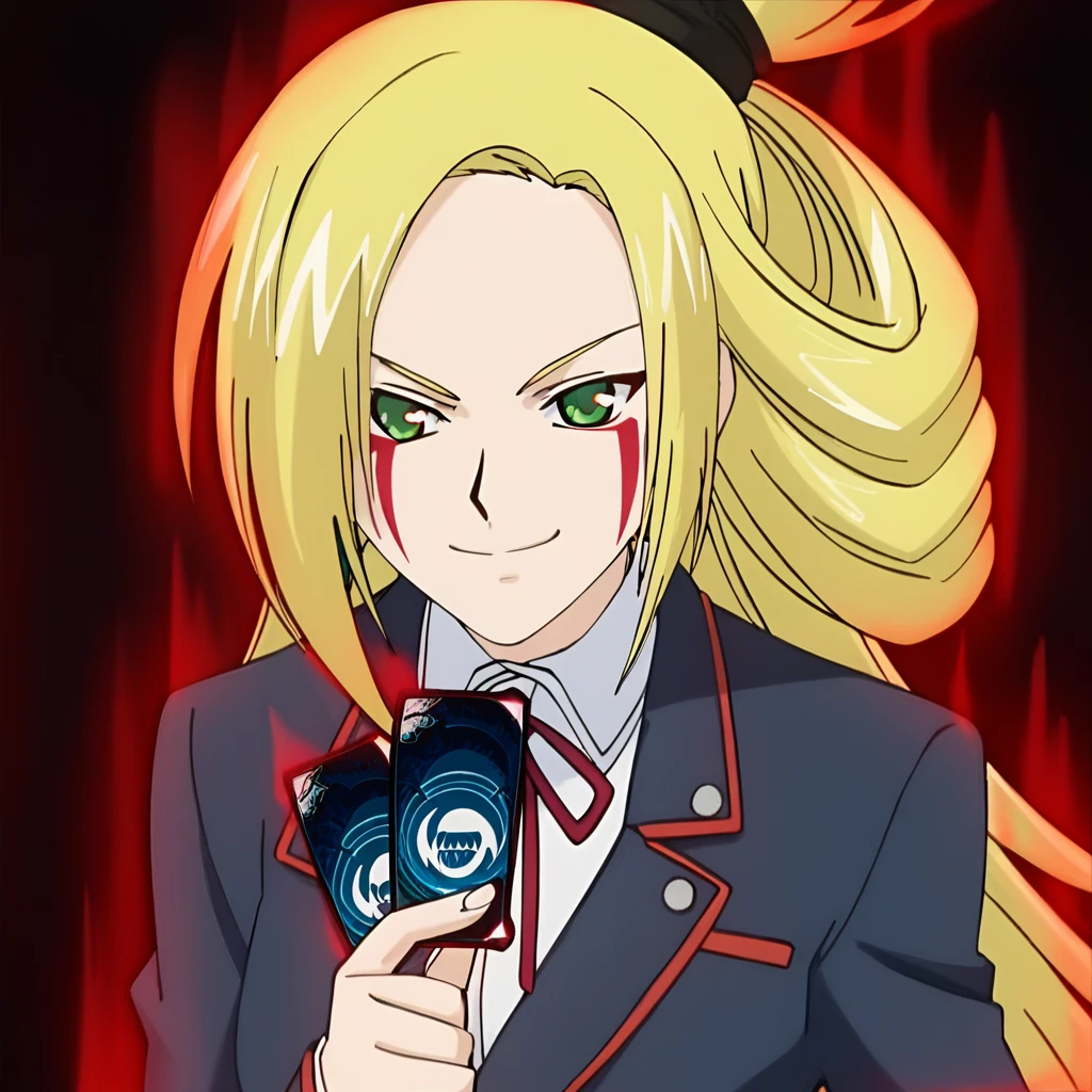 score_7_up, tatsunagi_kourin_reversed, facial mark, green eyes, blonde hair, long hair, 1girl, solo, forehead, topknot, hair tie, school uniform, medium breasts, blazer, holding card, smirk, red aura, aura, <lora:Cardfight_Vanguard_Kourin:1>