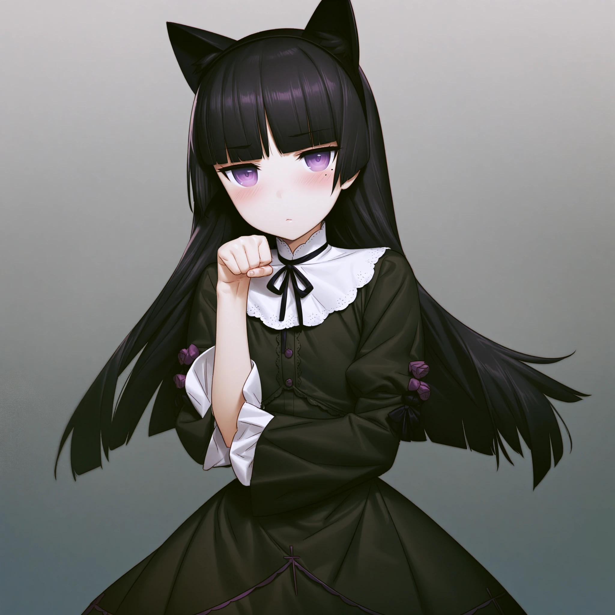 masterpiece, very aesthethic, extremely detailed, best quality, 1girl, gokou ruri, animal ears, long hair, solo, mole under eye, black hair, cat ears, paw pose, mole, purple eyes, dress, blush, black dress, hime cut, ((huke))