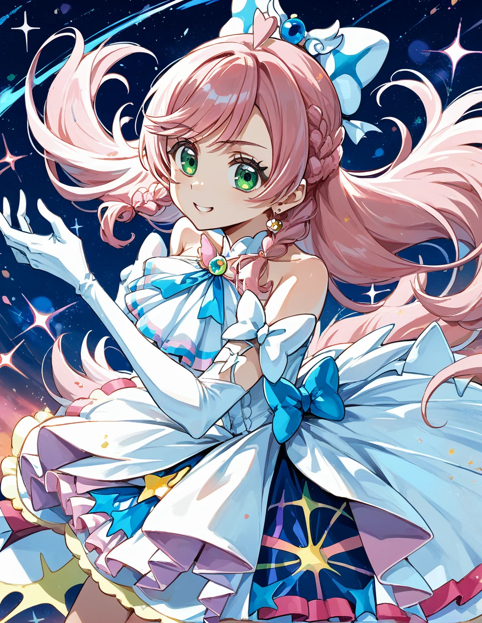 score_9,score_8_up,score_7_up,score_6_up,score_5_up,score_4_up,
1girl,<lora:cureprism_pony:1>,cureprism,soaring sky! pretty cure,pink hair,green eyes,gloves,white gloves,magical girl,jewelry,hair ornament,earrings,dress,bare shoulders,blush,looking at viewer,fighting stance,