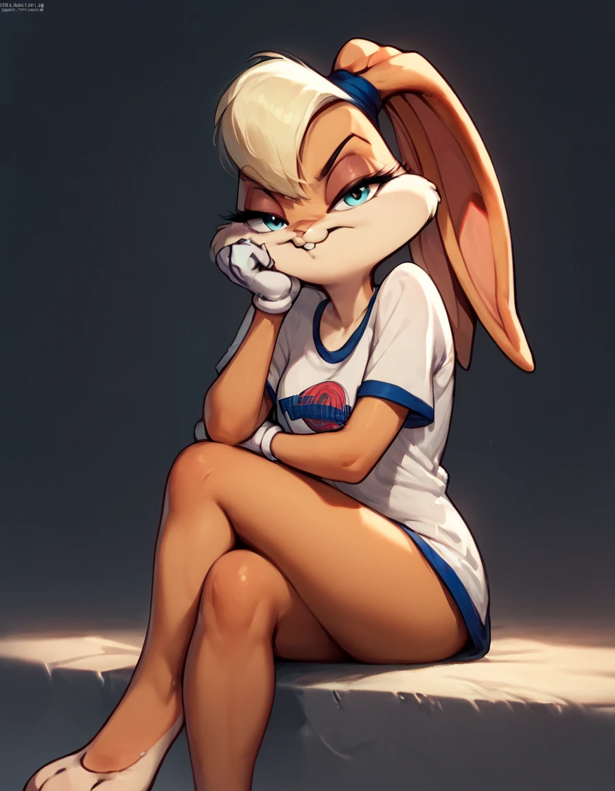 score_9, score_8_up, score_7_up, score_6_up, score_5_up, score_4_up, source_anime, LolaBunny, sitting, legs crossed, head rest, smirk