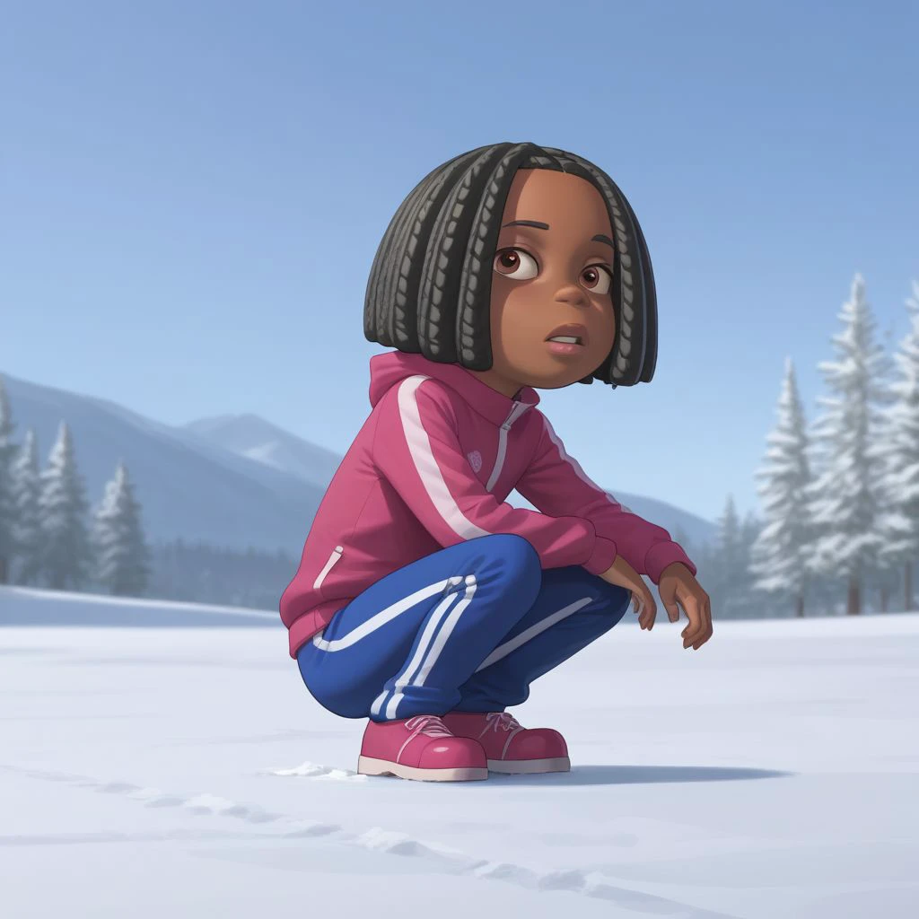 score_9, score_8, score_7, BREAK, 1girl, solo, libby, dark skin, black hair, dreadlocks, tracksuit, snow, squatting