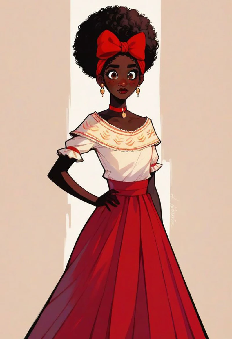 score_9, score_8_up, score_7_up, score_6_up, score_5_up, score_4_up, ponypositive, MENOZIRIATH_STYLE
1girl, Dolores Madrigal, Dolores Madrigal(/Encanto)/,(ultra HD quality details), black skin, ebony girl, (afro, hair bow), upward hairbun, hair bow, earrings, red choker, brown eyes,  (dress, red skirt, traditional clothes), Slim girl, flat chest, tiny breasts, wide hips, narrow waist, skinny,