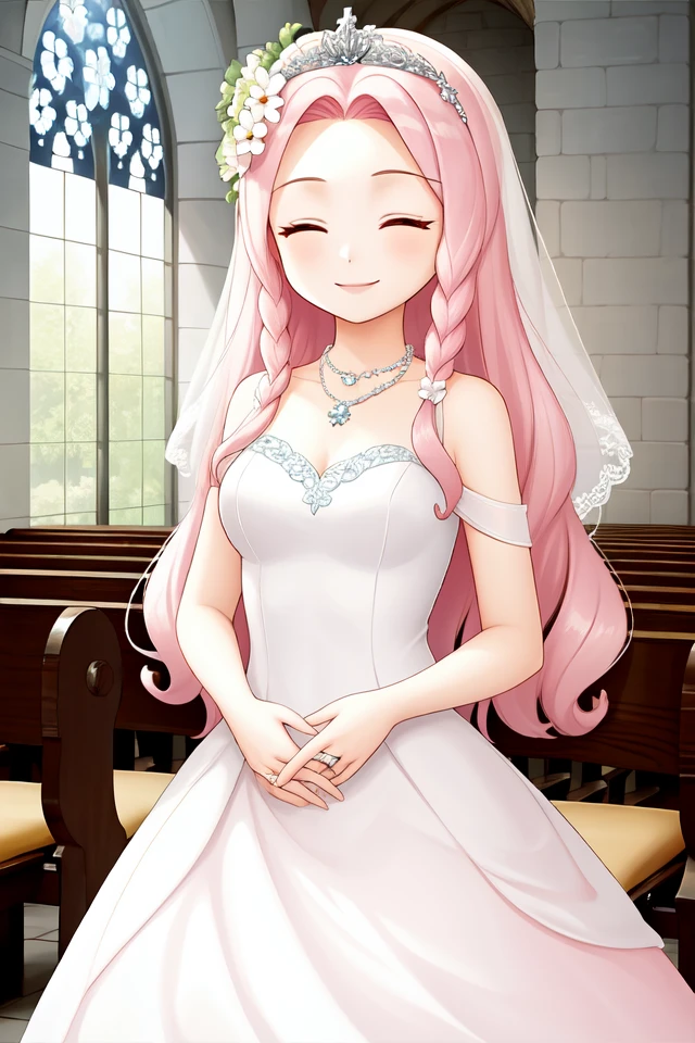 1 girl, indoors, church, smile,
 <lora:Harvest_Moon_Hero_of_Leaf_Valley_-_Lyla:0.4> holvlyla, pink hair, long hair, wavy hair, braid, sidelocks, hair flower, closed eyes,
necklace, tiara, pink dress, wedding dress, long dress, sleeveless dress, bare shoulders,