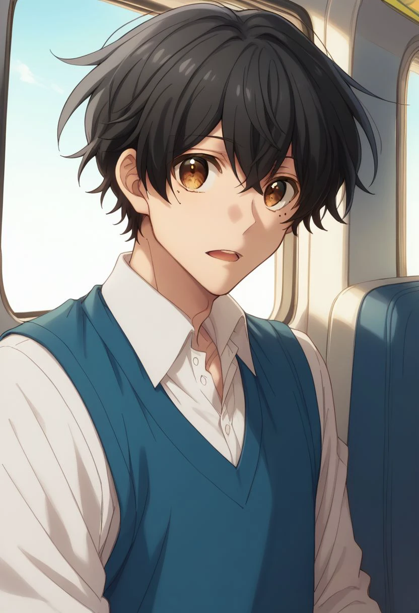 score_9, score_8_up, source_anime, highly detailed, 1boy, 
miyano, 1boy, male focus, solo, black hair, mole under eye, mole, brown eyes, shirt, train interior, looking at viewer, white shirt, hair between eyes, sweater vest,
upper body, open mouth,