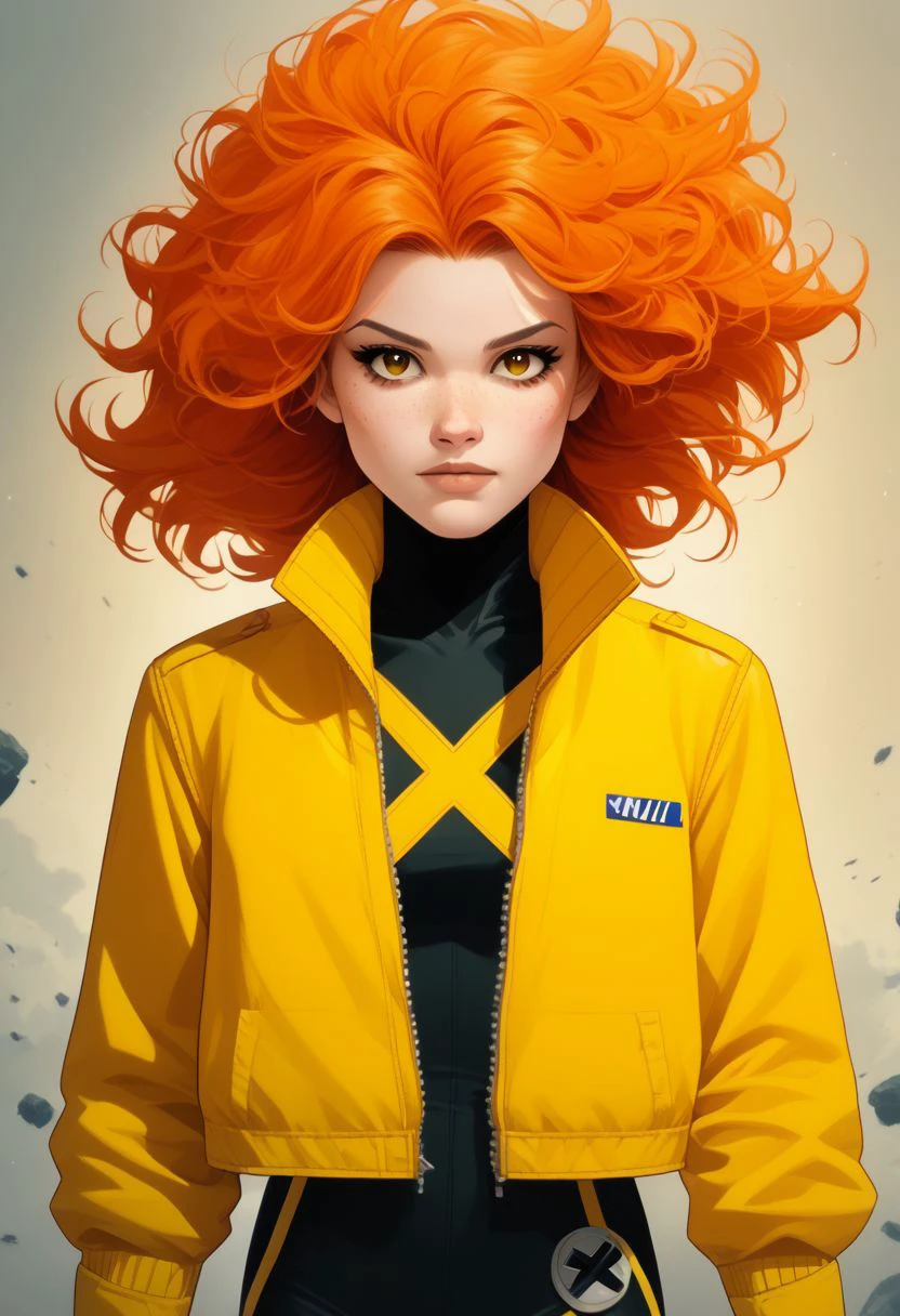 niji comix style, 1girl, solo, jacket, freckles, floating hair, bodysuit, orange hair, looking at viewer, yellow jacket, gloves, superhero, comic art style, illustration
 zPDXL2