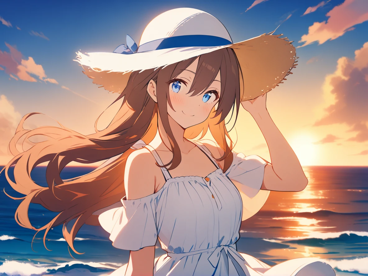1girl, 
solo, outdoors, adjusting clothes, blue sky, sun hat, white dress, upper body, blue eyes, sky, smile, hair between eyes, blush, closed mouth, ocean, adjusting headwear, hat, cloud, floating hair, hand on headwear, horizon, sunset, looking at viewer, short sleeves, brown hair, dress, hand up, cloudy sky, white headwear, water, long hair, sundress, 
masterpiece, best quality,  safe
 <lora:mki-ani31-TMND-v2-000050:1>