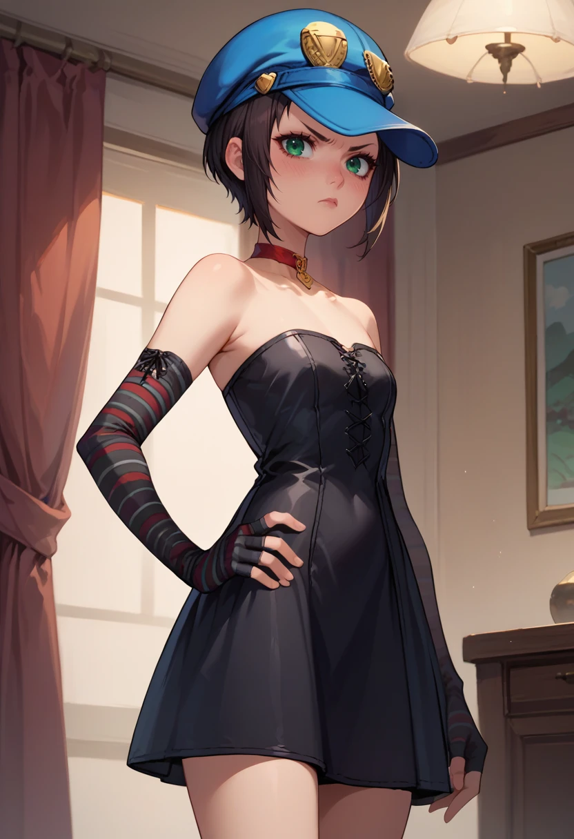 score_9, score_8_up, score_7_up, source_anime, solo, 1girl, p4marie, blush, unamused, looking at viewer, hand on own hip, blue headwear, cabbie hat, green eyes, striped clothes, black dress, strapless dress, striped gloves, elbow gloves, fingerless gloves, red choker, bare shoulders, indoors <lora:persona4_marie_ponyXL:1>
