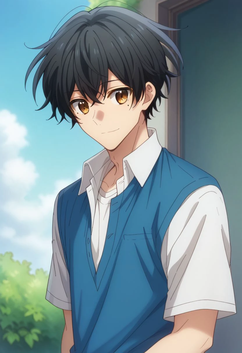 score_9, score_8_up, source_anime, highly detailed, 1boy, 
miyano, 1boy, male focus, solo, black hair, shirt, brown eyes, mole, mole under eye,
blue shirt, upper body, white shirt, open shirt, blue t-shirt, closed mouth, collared shirt, hair between eyes,
outdoor, smile,