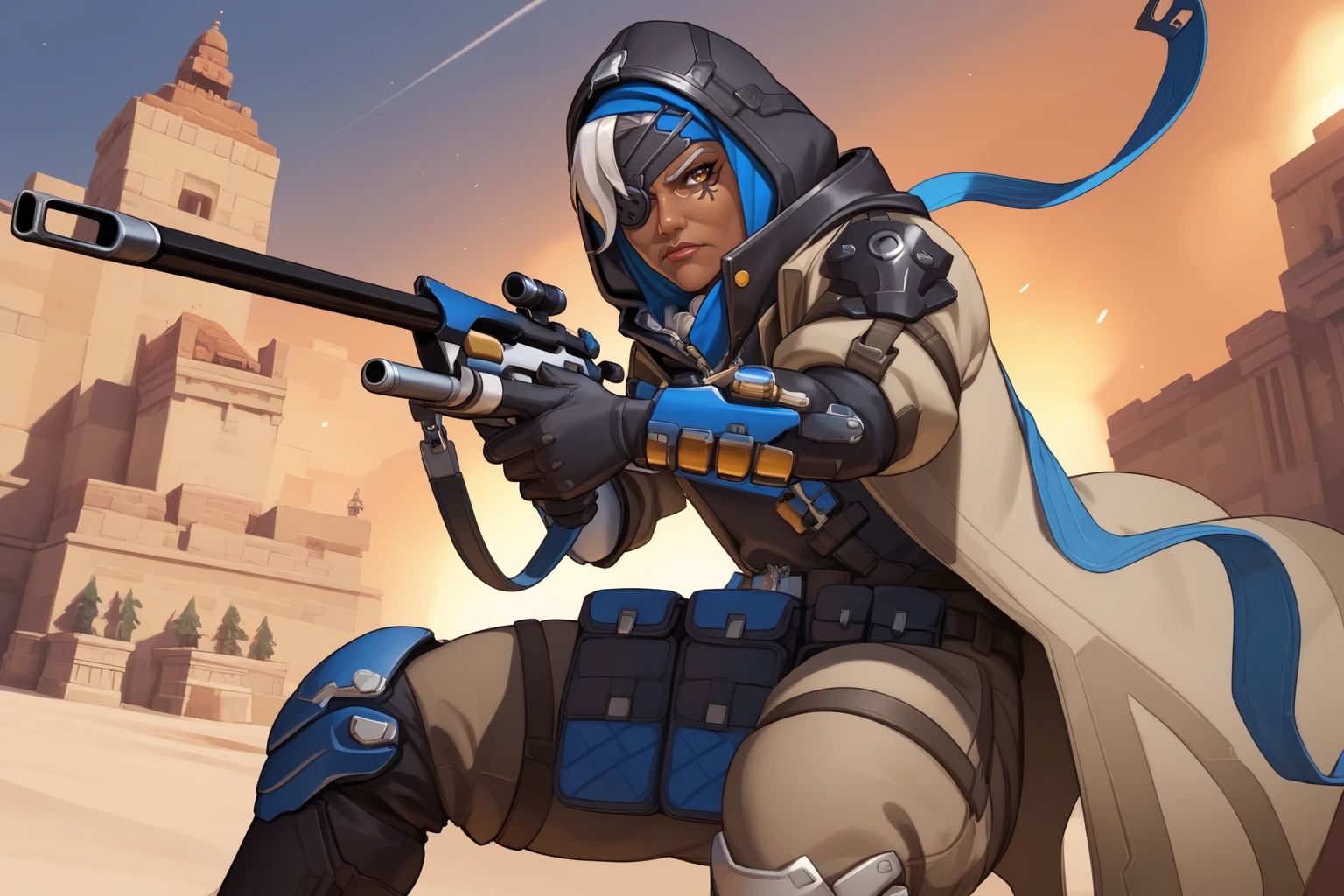 score_9, score_8_up, score_7_up, masterpiece, high quality
<lora:Ana Amari oldPonyLoRA:1>anamri, anamri, dark-skinned female, old woman, short hair, ponytail, eyepatch, hood, facial tattoo, hight collar, coat, top, zipper, gloves, grenades on bandolier, belt, belt pouch, armor, pants, knee pads, angry, aiming , holding sniper rifle, firing, scope
