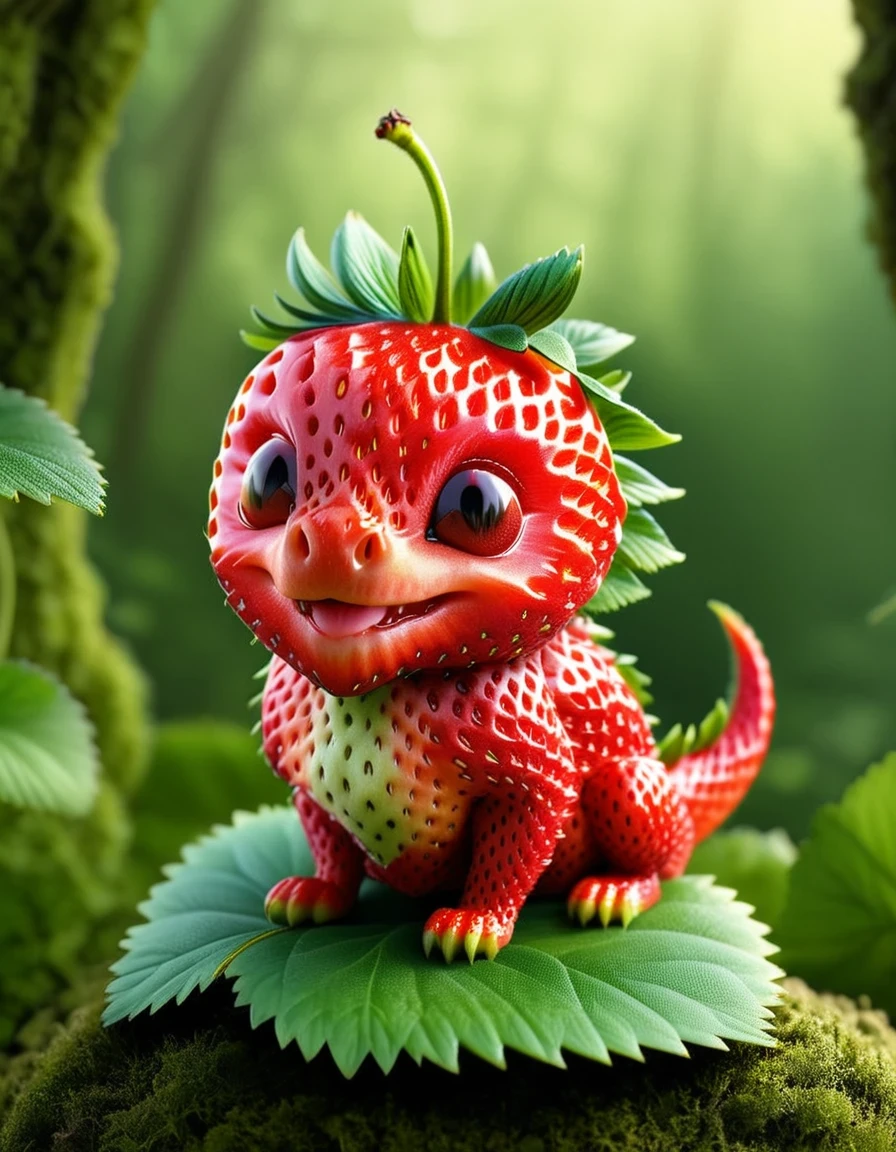  strwbrrxl, detailed realistic close up of a strawberry shaped like a cute dragon, sitting, fantasy forest background,  natural light, strwbrrxl
