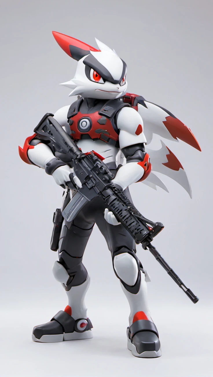 weapon,,no humans,solo,red eyes,holding weapon,rifle,holding,white background,holding ,simple background,standing,full body,assault rifle,pokemon (creature),XCYP Trendy Play,Rich in Detail,Ultra High Resolution,32K UHD,Best Quality,Masterpiece,