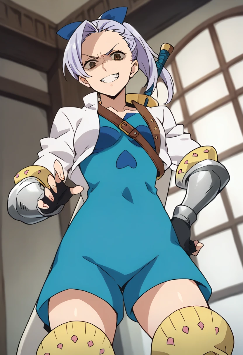 score_9, score_8_up, score_7_up, source_anime, masterpiece, jericho7, 1girl, lavender hair, hair bow, brown eyes, cropped jacket, blue dress, gauntlets, fingerless gloves, thigh boots, weapon on back, from below, evil grin, shaded face, looking at viewer, indoors, <lora:JerichoPonyXL:0.8>,