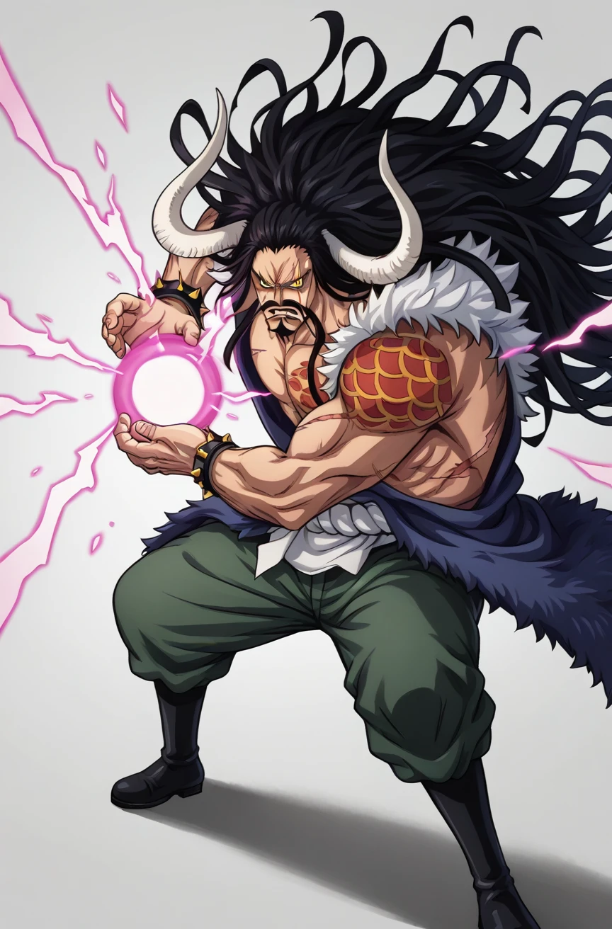 score_9, score_8_up, score_7_up, source_anime,    <lora:kamehameha charge stance:0.9> charge stance, kamehameha charge stance, energy ball, aura, electricity, <lora:Kaido:0.8> Kaido, Giant, Long hair, Black hair, Yellow Eyes, tattoo, scar, long mustache, beard, curved horns, shirtless, wrinkles, muscular, pectorals, pants, boots, bracelets, short legs, feather coat