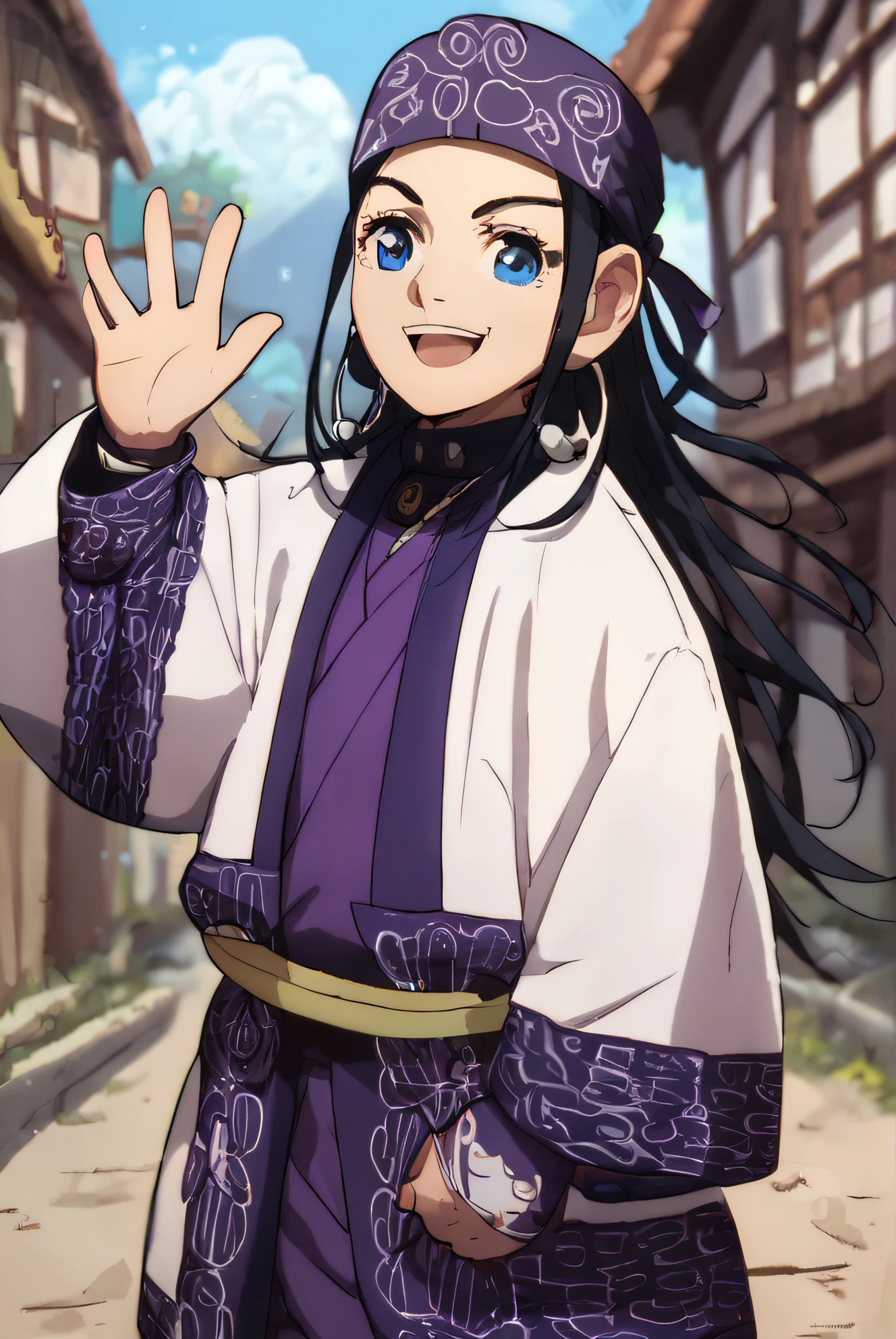 score_9,score_8_up,score_7_up,
asirpa, 1girl, solo, long hair, looking at viewer, blue eyes, black hair, jewelry, closed mouth, earrings, hoop earrings, bandana headband, ainu clothes,wariza, smile, open mouth, standing, waving, town, <lora:asirpa-10:1>