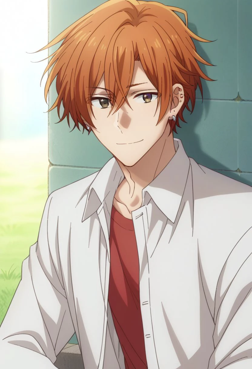 score_9, score_8_up, source_anime, highly detailed, 1boy, 
sasaki, 1boy, male focus, orange hair, solo, jewelry, shirt, earrings, brown eyes, smile, looking at viewer, white shirt, collared shirt, open shirt, red t-shirt, stud earrings, hair between eyes,
outdoor, sit, grass, wall,