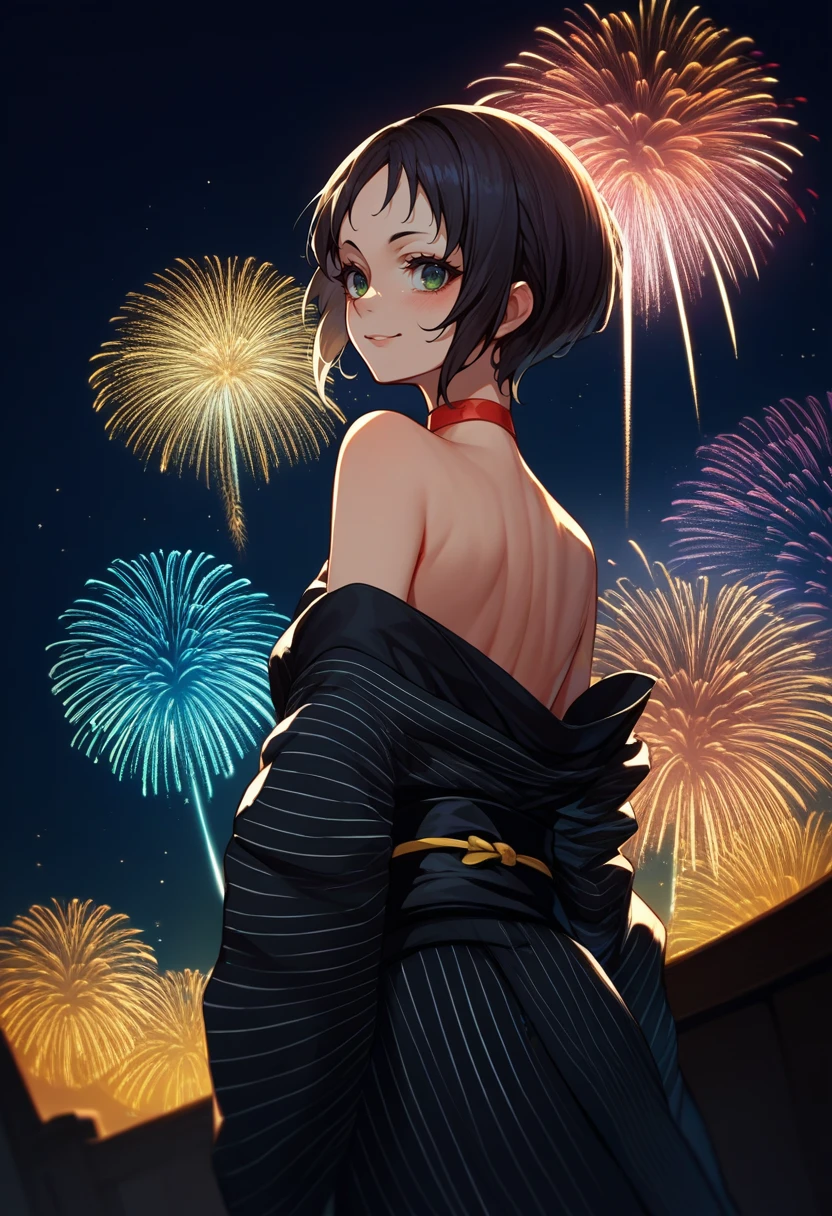 score_9, score_8_up, score_7_up, source_anime, from behind, solo, 1girl, p4marie, slight smile, looking back, green eyes, striped clothes, black kimono, off shoulder, black sash, red choker, bare shoulders, fireworks <lora:persona4_marie_ponyXL:1>