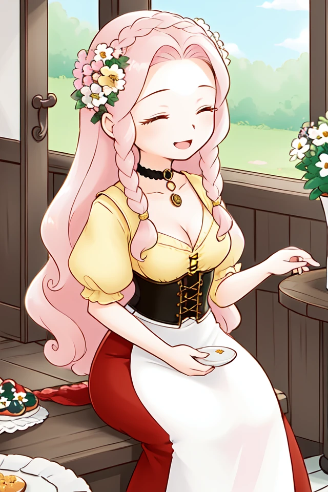 1 girl, indoors, ((flowers)),
<lora:Harvest_Moon_Hero_of_Leaf_Valley_-_Lyla:0.5> holvlyla, pink hair, long hair, wavy hair, braid, sidelocks, hair flower, closed eyes,
choker, pendant, yellow blouse, cleavage, puffy sleeves, short sleeves, corset, apron, red skirt, long skirt, floral pattern,