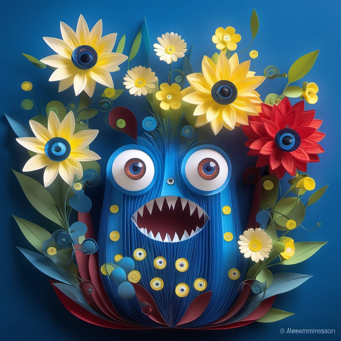 paperart, simple background,flower,leaf,blue background,plant,white flower,red flower,yellow flower, <lora:paperart:1>, cartoon monster, cute, big eyes, big mouth, art by gediminas pranckevicius and Alexander Jansson, pixar, centered, dramatic lighting, glowing light, simple solid background, no background, detailed face, cinematic, illustration, no gradient, trending on a