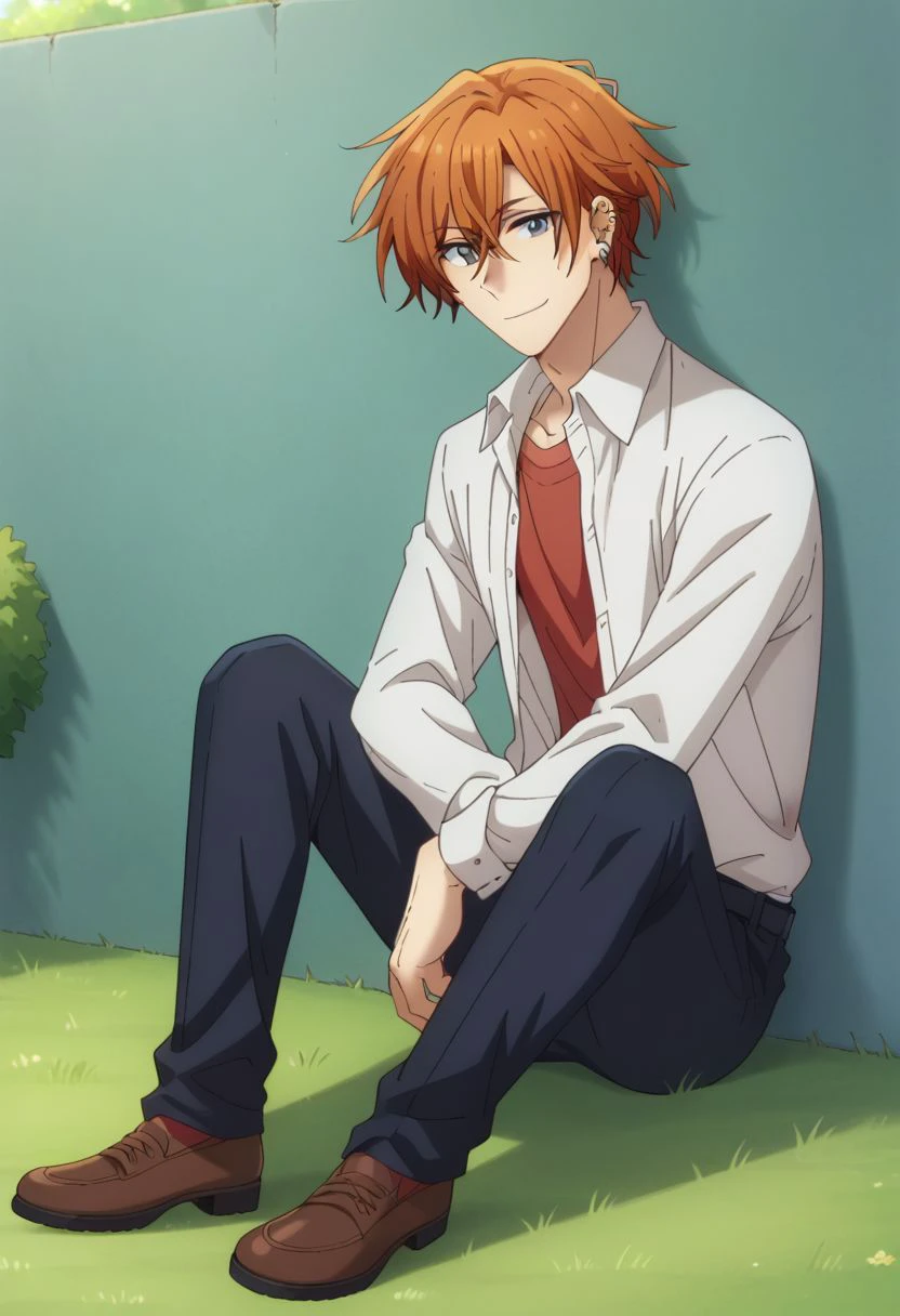 score_9, score_8_up, source_anime, highly detailed, 1boy, 
sasaki, 1boy, male focus, orange hair, solo, jewelry, shirt, earrings, brown eyes, smile, looking at viewer, white shirt, collared shirt, open shirt, red t-shirt, stud earrings, hair between eyes, full body,
outdoor, sit, grass, wall,