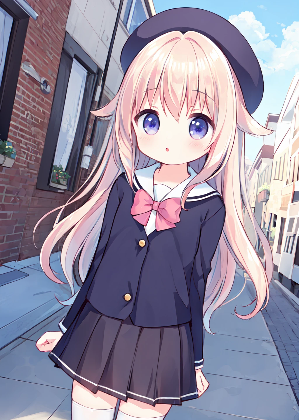 lingjia,standing,school uniform,uniforms,beret,outstretched_arms,arms behind back,flying,kind_smile,dutch angle,outdoor,<lora:lingjia_v4.1:0.7>,:o,, (masterpiece, best quality,:1.2)