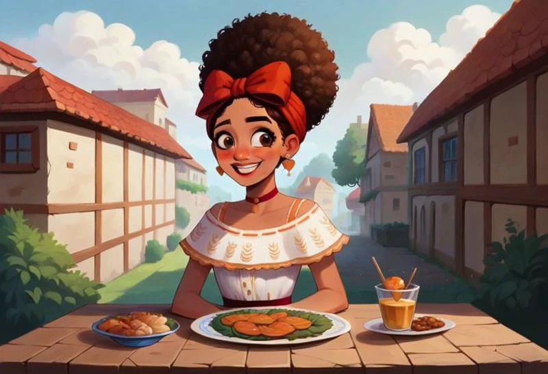 score_9, score_8_up, score_7_up, score_6_up, score_5_up, score_4_up, ponypositive, MENOZIRIATH_STYLE
1girl, Dolores Madrigal, Dolores Madrigal(/Encanto)/,(ultra HD quality details), black skin, ebony girl, (afro, hair bow), upward hairbun, hair bow, earrings, red choker, brown eyes, Slim girl, flat chest, tiny breasts, wide hips, narrow waist, skinny,
dolores,brown hair,upward hair,brown eyes,
hair bow,earrings,red choker,shirt,skirt,
village,food in background,table,outside,smile,
(insanely detailed, beautiful detailed face, masterpiece, best quality),<lora:doloresENC:0.8>,