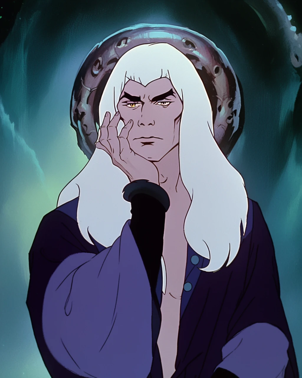 score_9, score_8_up, score_7_up, zPDXL, <lora:Fire_and_Ice_Style:1>FAIStyle, retro artstyle, painting (medium), Lord Nekron, mature male, 1boy, male focus, white hair, long hair, hand on own face, upper body, yellow eyes, long sleeves, closed mouth