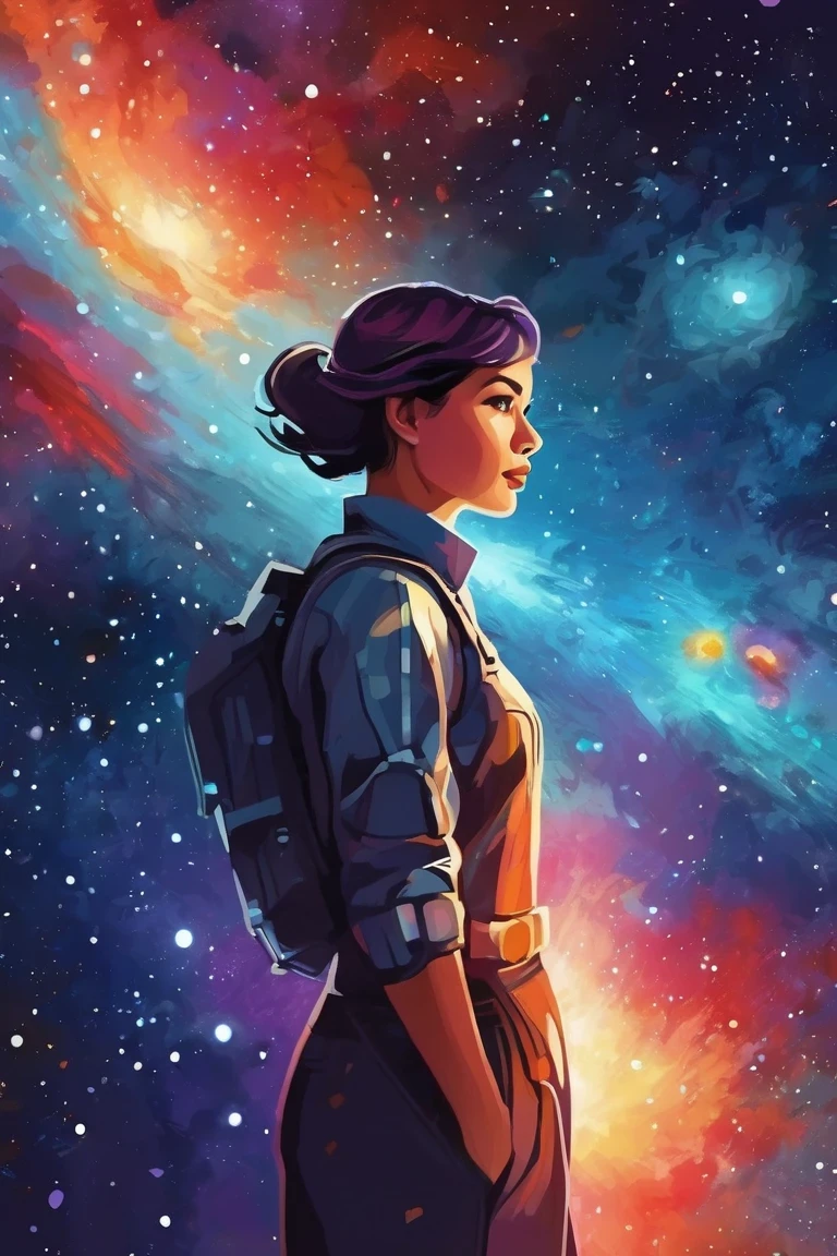 flvcil03 style <lora:style_03_cheerful_shade_l3-x_flvcil03_style:1>, woman  standing, 
engineer, unadvised,
Deep space nebula and star clusters, 
high quality, masterpiece, highres,