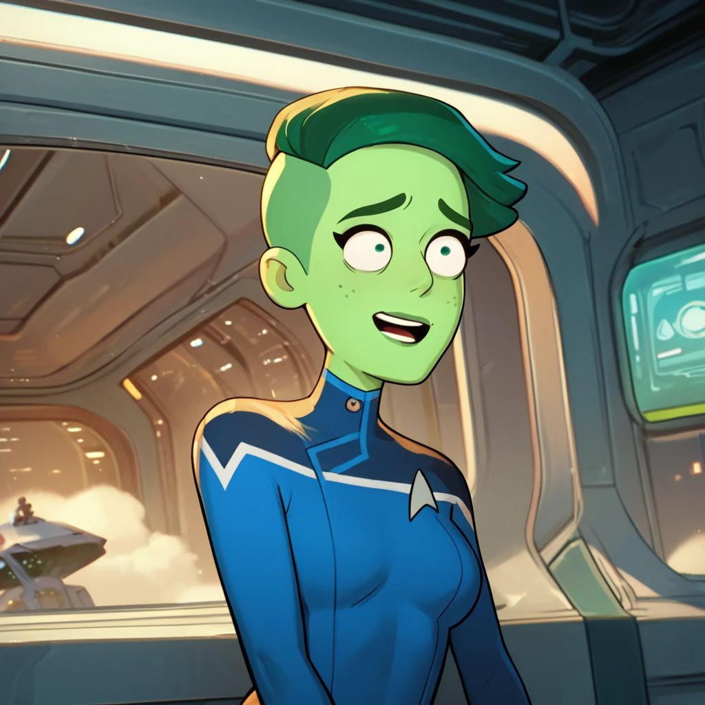 score_9, score_8_up, score_7_up, score_6_up, score_5_up, score_4_up, 1girl, Tendi, green skin, on a spaceship, excited, green hair,