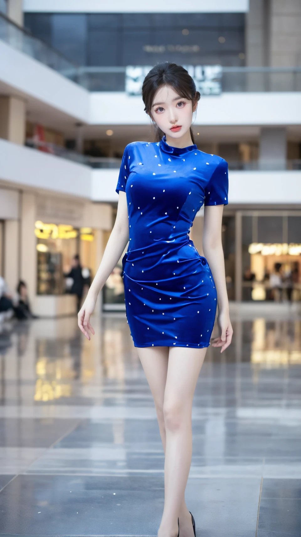 (masterpiece, best quality:1.2),bright colors,solo,photo_,(1girl:1.3),(standing:1.3),(looking at viewer:1.4),Elegant,detailed gorgeous face,(upper body:1.1),realistic,(mall background:1.4),,MIS,blue dress,thighhighs,short sleeves,<lora:MIS69:0.75>