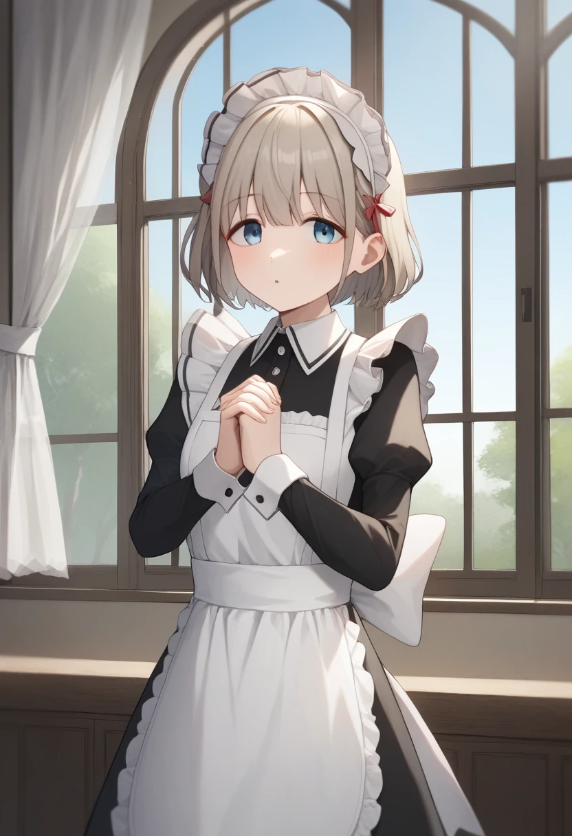 score_9,score_8_up,score_7_up,<lora:serizawa_asahi_pony:1>,puffy_sleeves, looking_at_viewer, enmaided, long_sleeves, wrist_cuffs, indoors, apron, puffy_long_sleeves, two-tone_dress, own_hands_together, fingers_together, tree, window, alternate_costume, maid_headdress, 1girl, wallpaper_\(object\), dress, :o, steepled_fingers, serizawa_asahi, maid, absurdres, white_apron, highres, solo