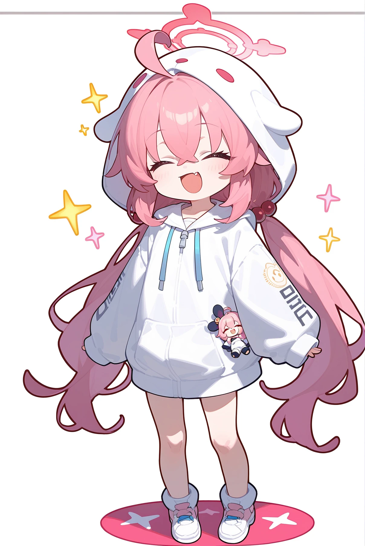 score_9,score_8_up,score_7_up,1girl,hoshino (blue archive),fang,pink hair,solo,twintails,hood,ahoge,long hair,chibi,halo,low twintails,closed eyes,hair ornament,bangs,blush,smile,standing,full body,very long hair,open mouth,facing viewer,hair bobbles,hoodie,stuffed toy,long sleeves,hood up,stuffed animal,:d,skin fang,hair between eyes,white hoodie,holding,simple background,=_=,sparkle,sleeves past fingers,animal hood,