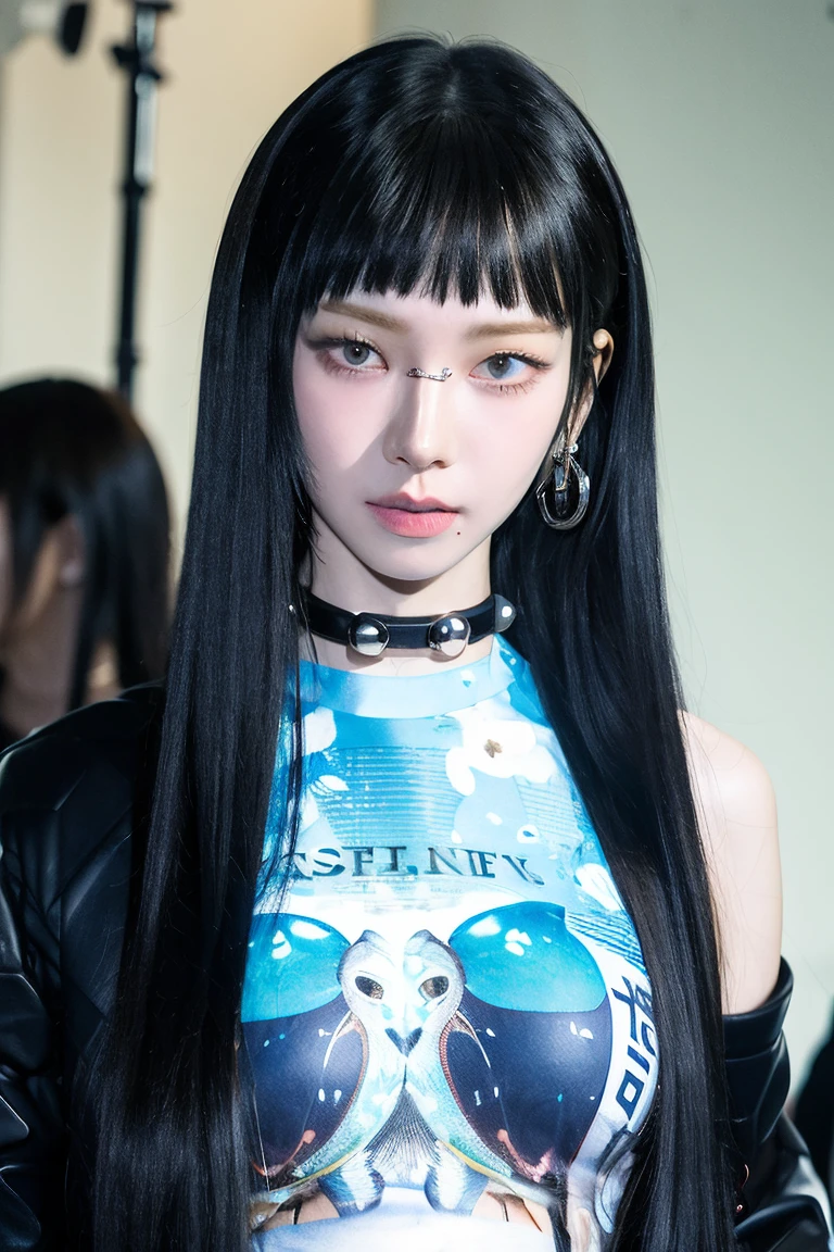 (4k, best quality, highres:1.1), (masterpiece:1.1),
1girl, solo, detailed eyes, black hair, jacket, black jacket, bangs, looking at viewer, parted lips, upper body, long hair, shirt, choker, blunt bangs, black eyes, (mole under mouth:0.3),
unreal void background,