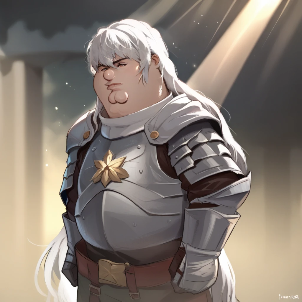 score_9_up, BREAK, 1boy, solo, Peter Griffin,    <lora:PeterGriffin_iamkowai_PXL_Leaf2:1> ,  white hair, long hair,  griffith , armor,  <lora:GriffithPdxlDwnsty:0.6>, light rays, light particles,