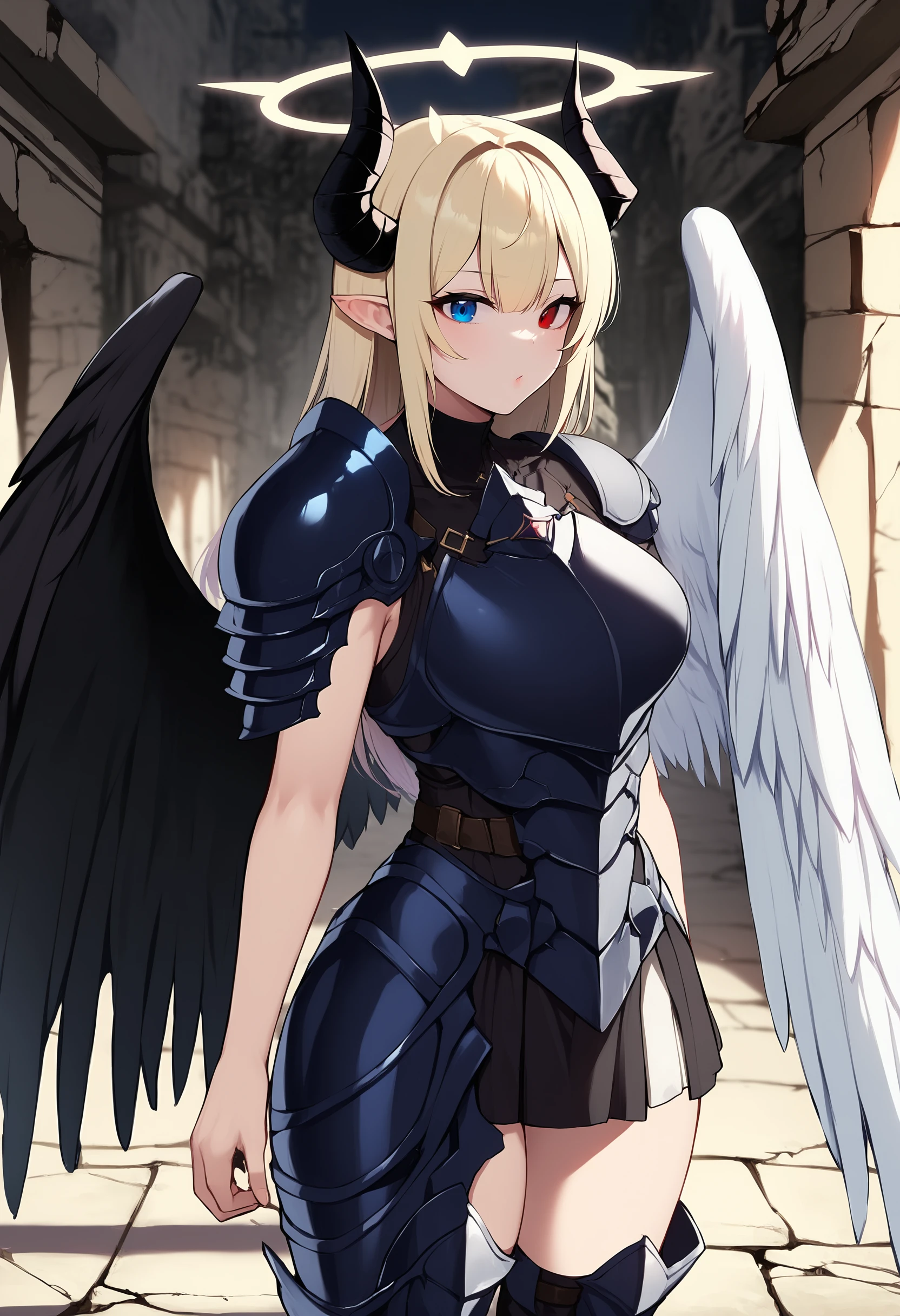 masterpiece,best,great,split theme,1girl,solo,cowboy shot,looking at viewer,outdoors,asymmetrical wings,black wings,white wings,shadow,angel and devil,blue eyes,red eyes,heterochromia,ruins,head wings,single side horns,from side,asymmetrical hair,asymmetrical armor,uneven eyes,hips,shoulder armor,halo,tall female,armor,thigh boots,skirt armor,