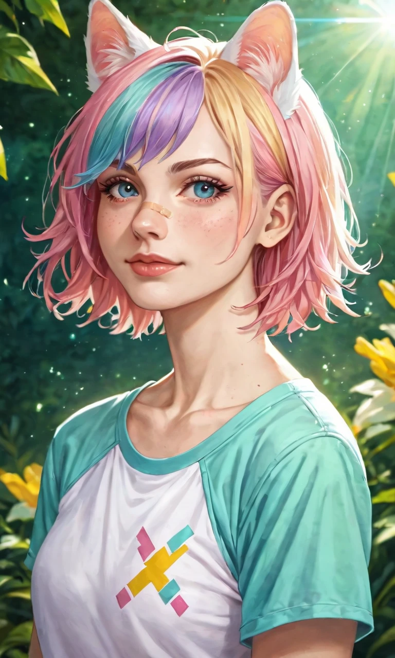 A high-resolution photo, score_9, score_8_up, score_7_up, source_anime, highly detailed, 1girl, colored hair, 1girl, pastel,animal ears, bandaid, hair ornament, high quality, high details, masterpiece, realistic, octane render, cinematic lightning, cinematic colors, dynamic angle,sun rays