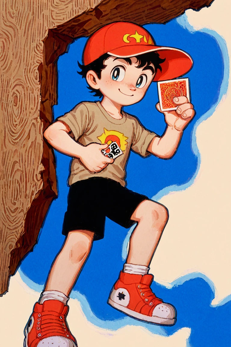 1boy,holding card,red Hat,brown t-shirt,black shorts,solo,smile
illustration,tezuka osamu, sneakers, looking at viewer,
<lora:Perfect Hands:1> <lora:age_slider_v4:-2> <lora:osamu:0.8>, score_9, score_8_up, score_7_up, score_6_up, score_5_up, score_4_up,zPDXL
