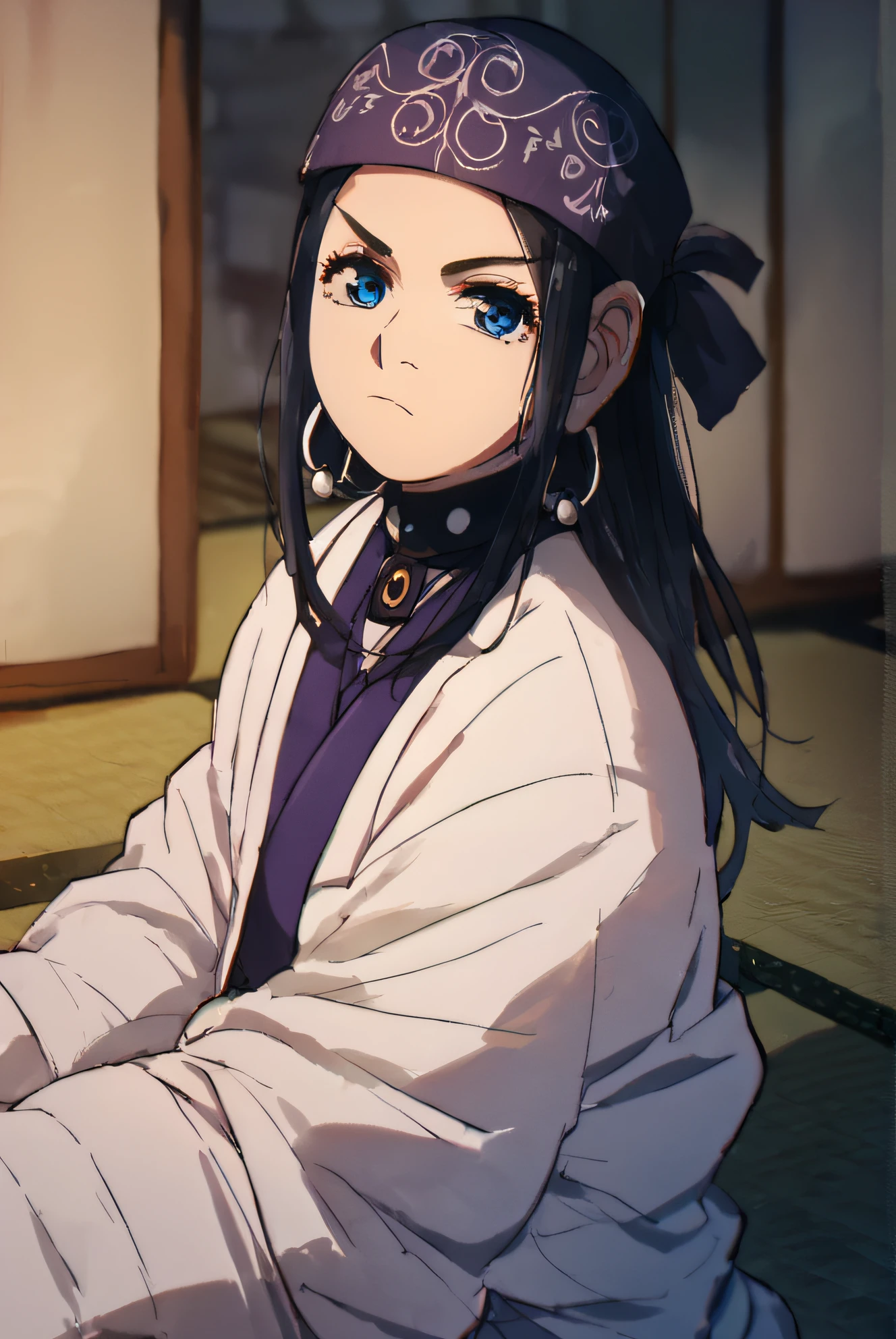 score_9,score_8_up,score_7_up,
asirpa, 1girl, solo, long hair, looking at viewer, blue eyes, black hair, jewelry, closed mouth, earrings, hoop earrings, bandana headband, ainu clothes, indoors, sitting, tatami, wariza, <lora:asirpa-10:1>