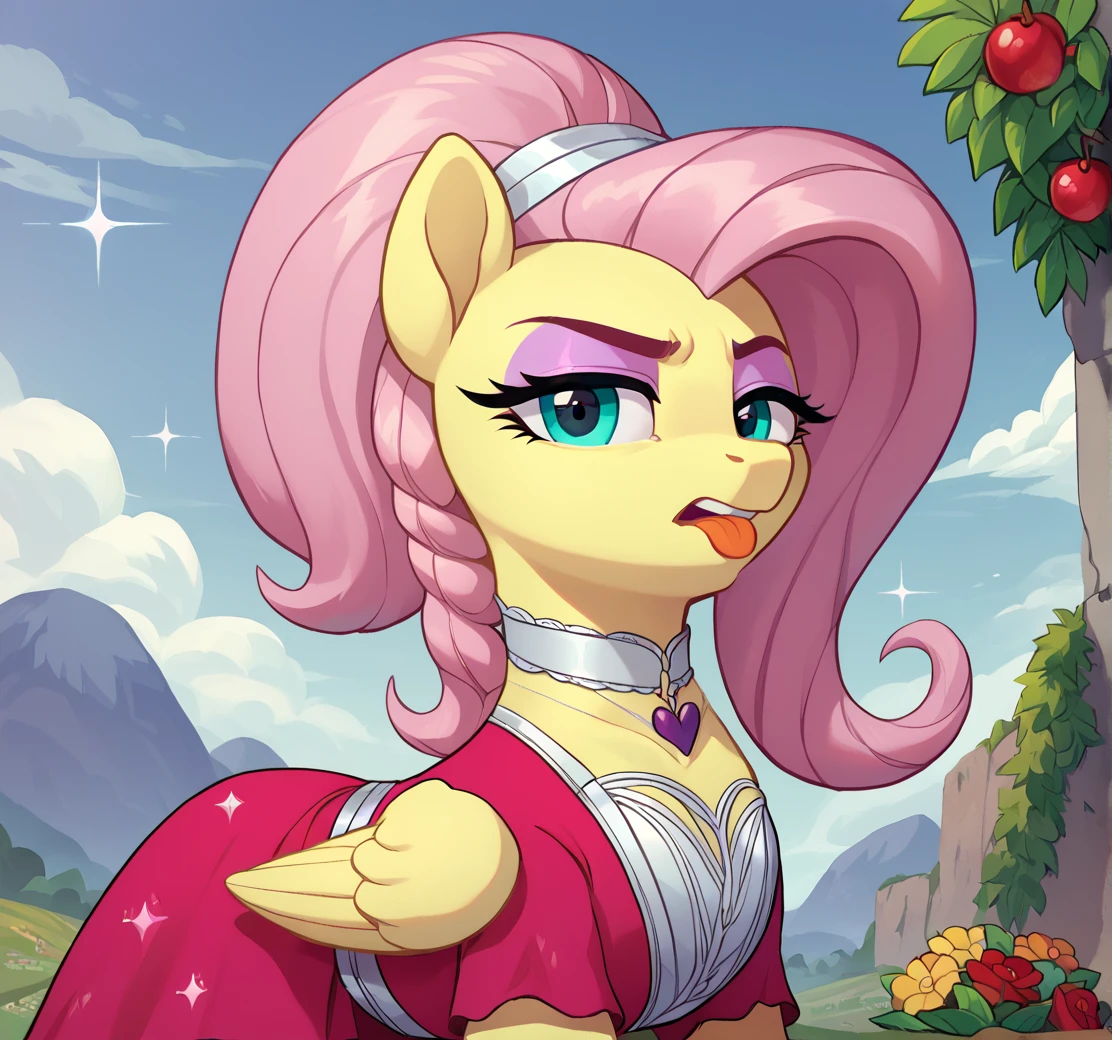 score_9, score_8_up, score_7_up, solo, source_anime, 8k, absurdres, pony, (fluttershy:1.1),(eyeshadow:1.3),  (sparkle's seven:1.3),
bustier, (decorated bustier:1.3), looking at you, landscape, dress, pouting, annoyed, tongue out, open mouth,
choker, collar, straps, fishnets, <lora:Rainbow_dash_tall_hairdo:0.9>