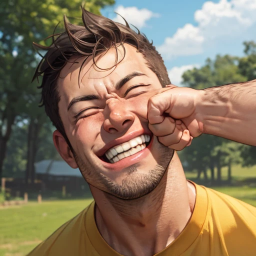 punch in the face, 1boy, mid-forties, outdoor in background, close up, grin, eyes closed, <lora:Punch_in_the_face:1.0>