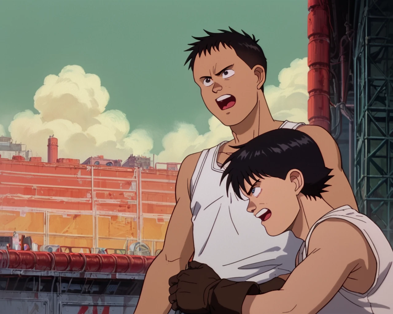 score_9, score_8_up, score_7_up, zPDXL, <lora:Akira_style:0.95>retro artstyle, multiple boys, black hair, gloves, 2boys, male focus, black gloves, shirt, tank top, white shirt, parody, short sleeves, white tank top, short hair, open mouth, black eyes fiction